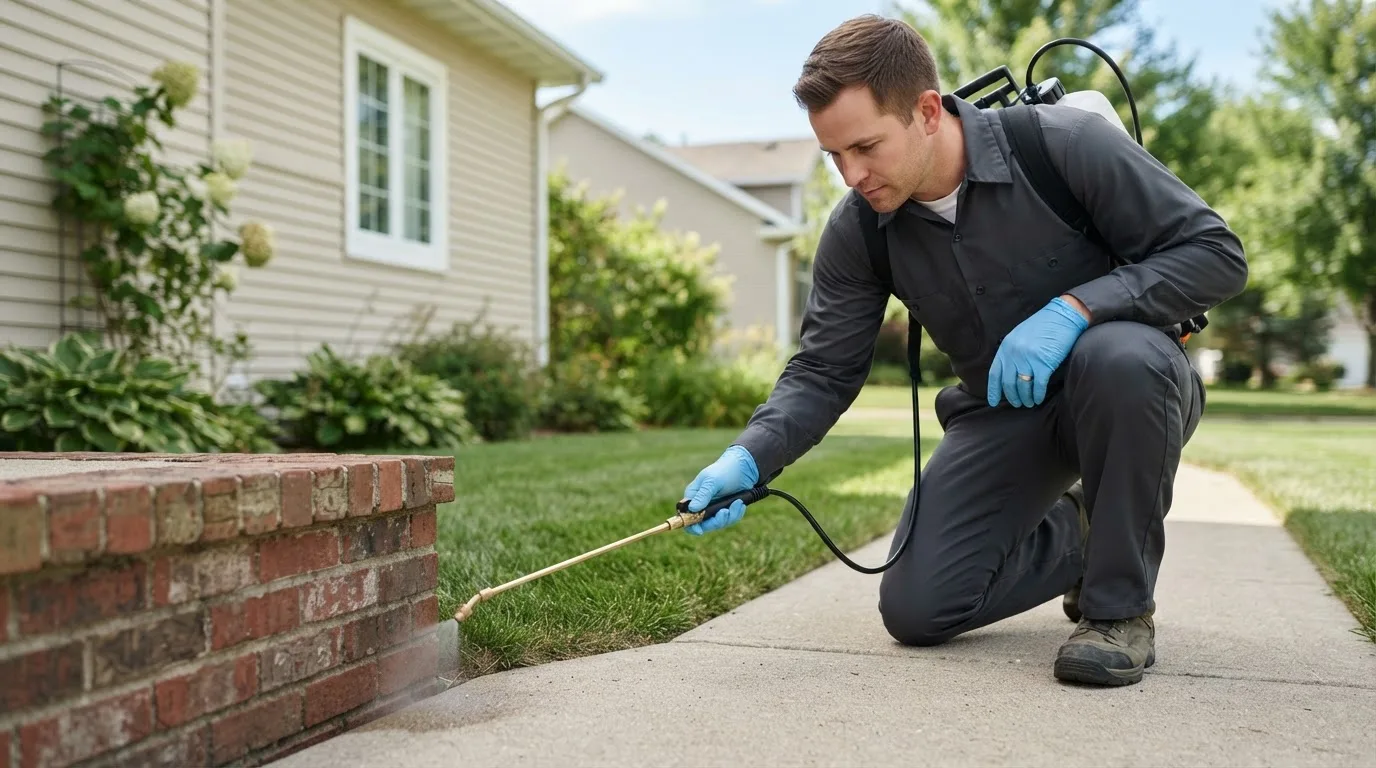 Pest control technician treating a home near Dawson, ND